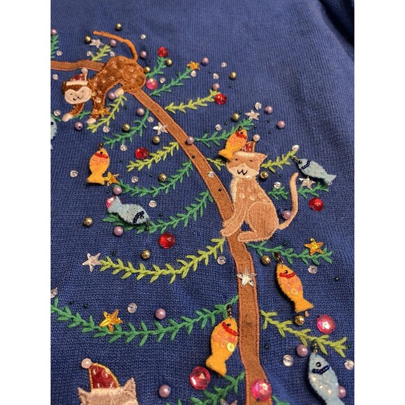 Quacker Factory Cats Playing On Christmas Tree Branch Embroidered Sweater Sz 2X - Picture 9 of 16